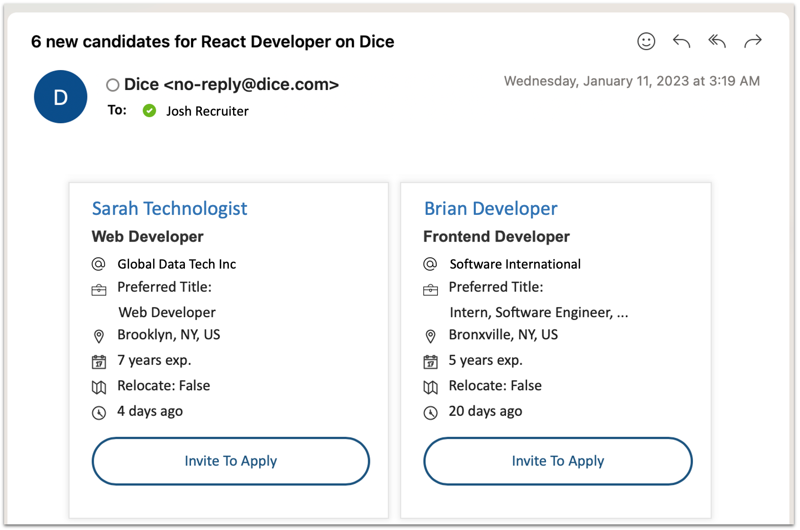 Screengrab of email with Invite to Apply buttons